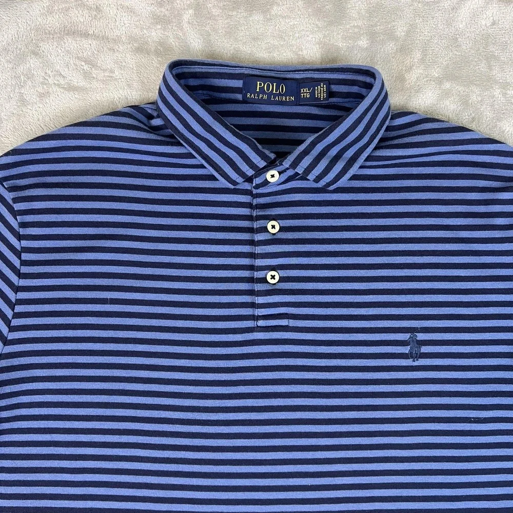 Polo Ralph Lauren Polo Shirt Mens 2XL Blue Striped Cotton Pony Logo Casual - Picture 2 of 5